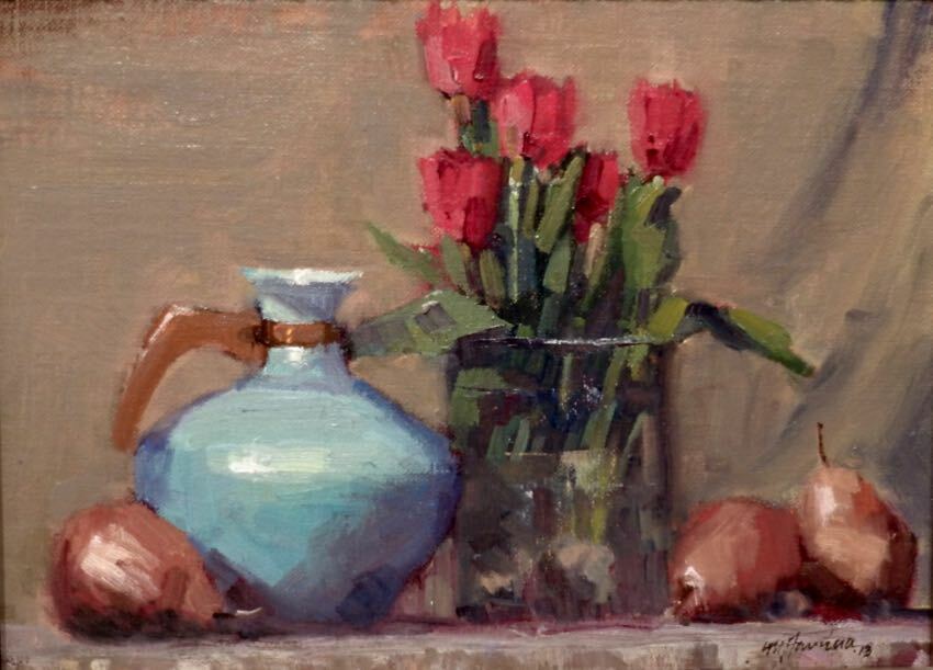 Red Pears And Tulips