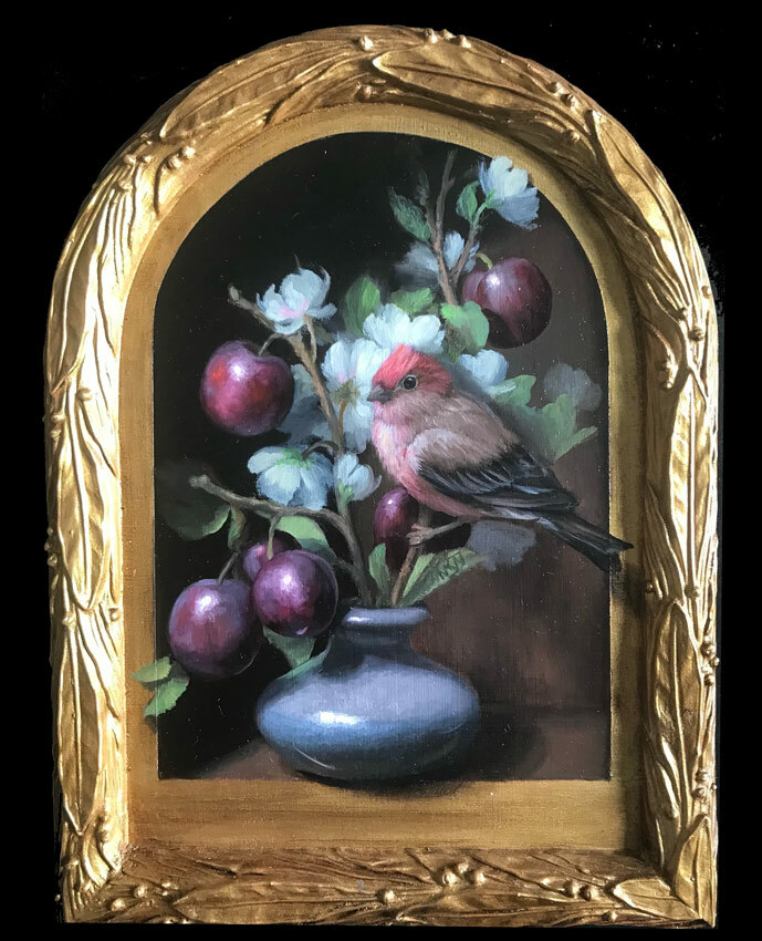 Cassin Finch with Plums 9x12 MK West