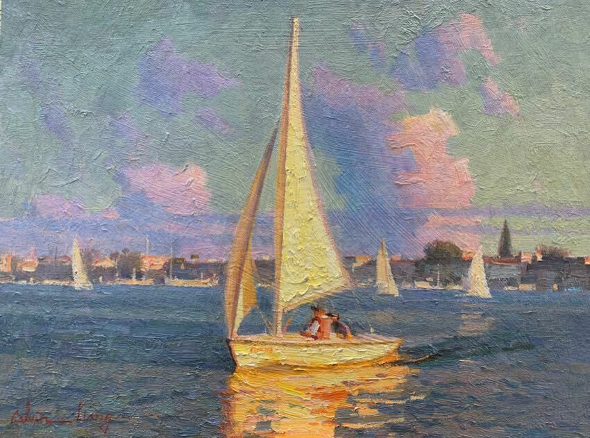 Sailing in Newport Beach 12x16 Calvin Liang