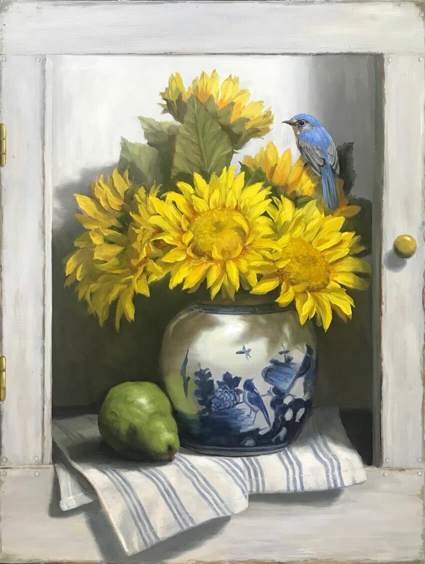 Sunflowers with Blue Tanager 24x18 by Mary Kay West